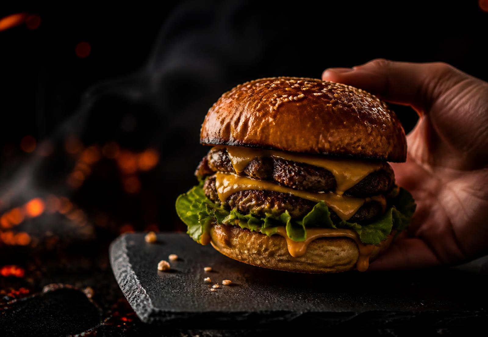 Double smash burger with melting cheddar at Cafe Cuisine Lahore