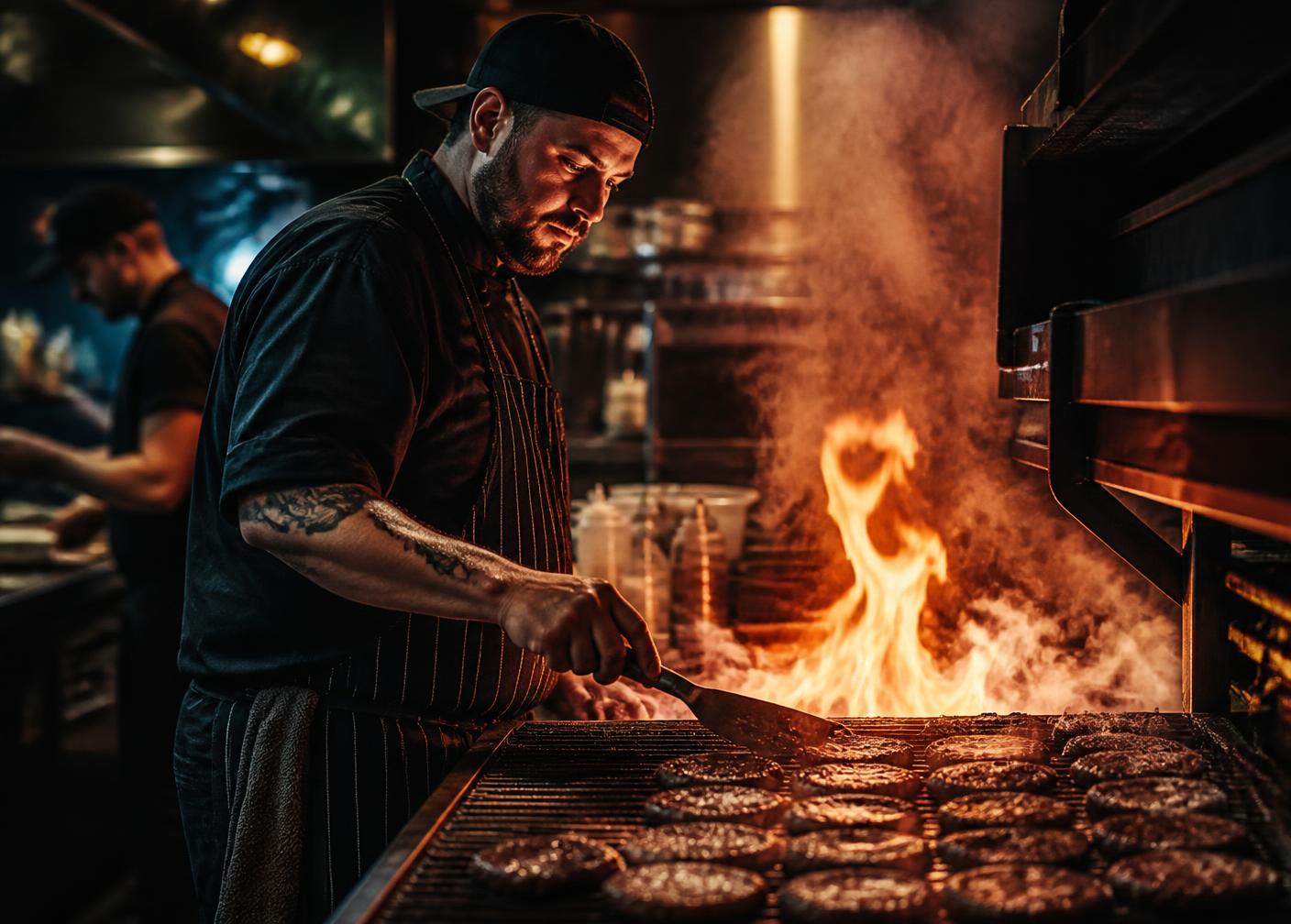 Cafe Cuisine chef grilling burger patties over an open flame